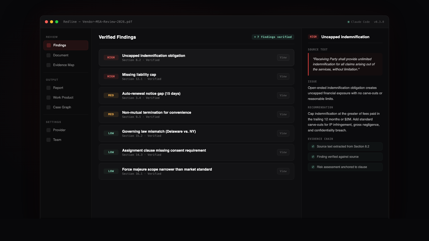 Redline contract-review workspace with verified findings and evidence anchors